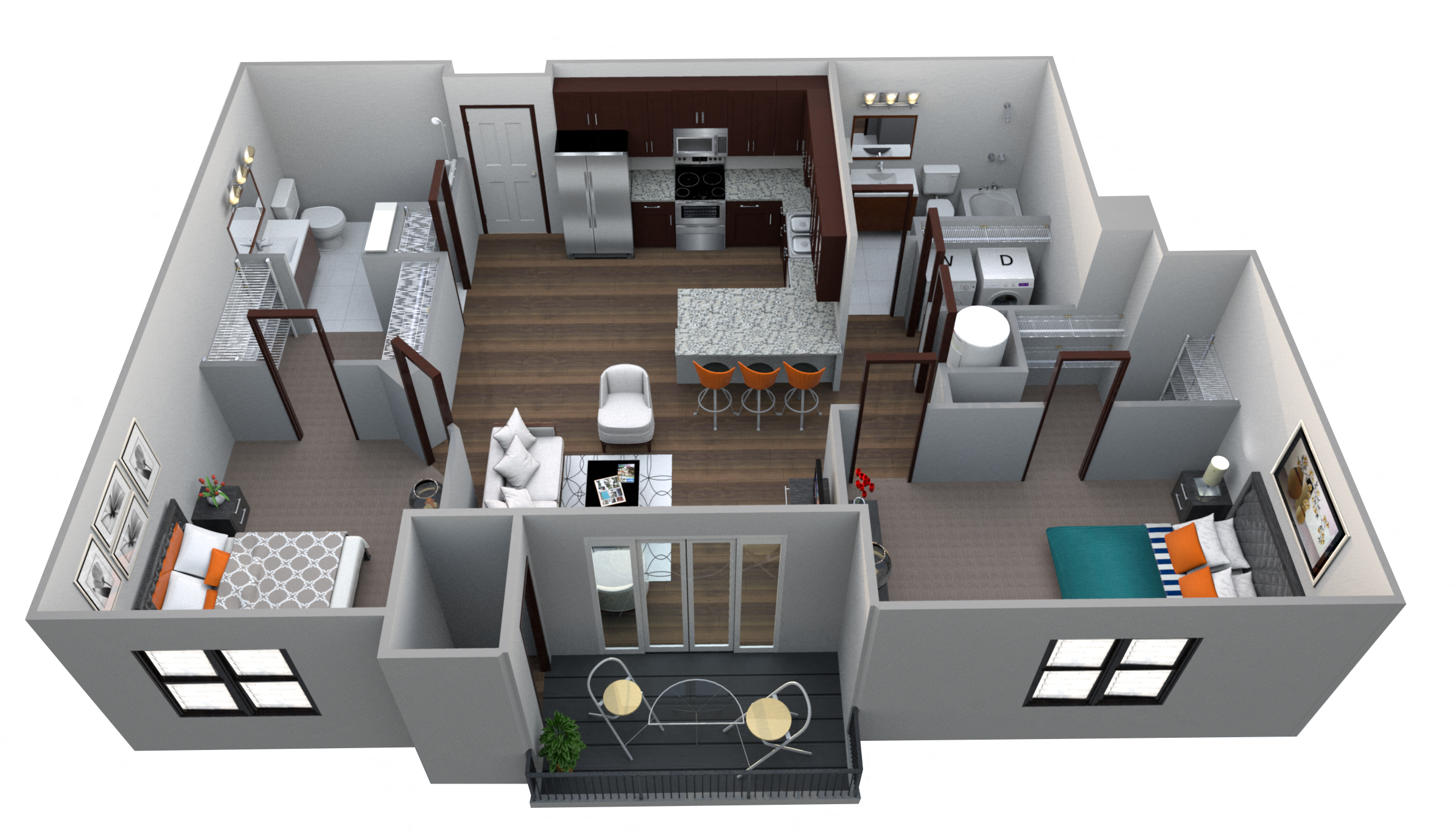 Floor plan for 2 beds, 2 baths, 1161 sqft